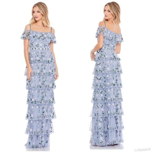 Mac Duggal Off The Shoulder Embroidered Ruffle Tiered Gown - Picture 1 of 14
